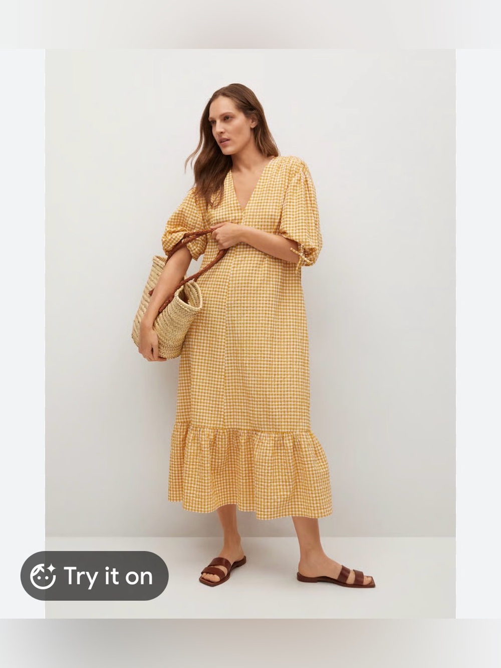 MNG‎ Womens Cotton Blend Check Print V-Neck Long Sleeve Maxi Dress Yellow Size 2
